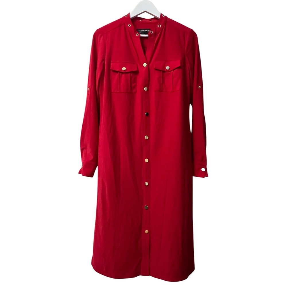 Jones New York Women's Sheath Dress Red V-Neck Pullover Roll Tab L/S Size 4